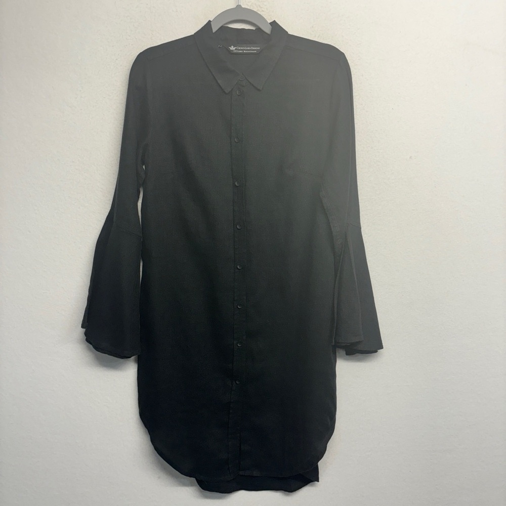 CROWN LINEN DESIGNS Black Linen Bell sleeves Button Down Shirt Tunic Dress S‎